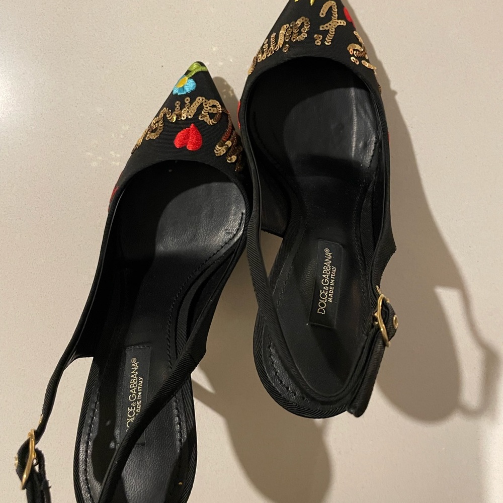 Dolce & Gabbana
Black Je Taime Maman Sequined Grosgrain Slingback Sandals